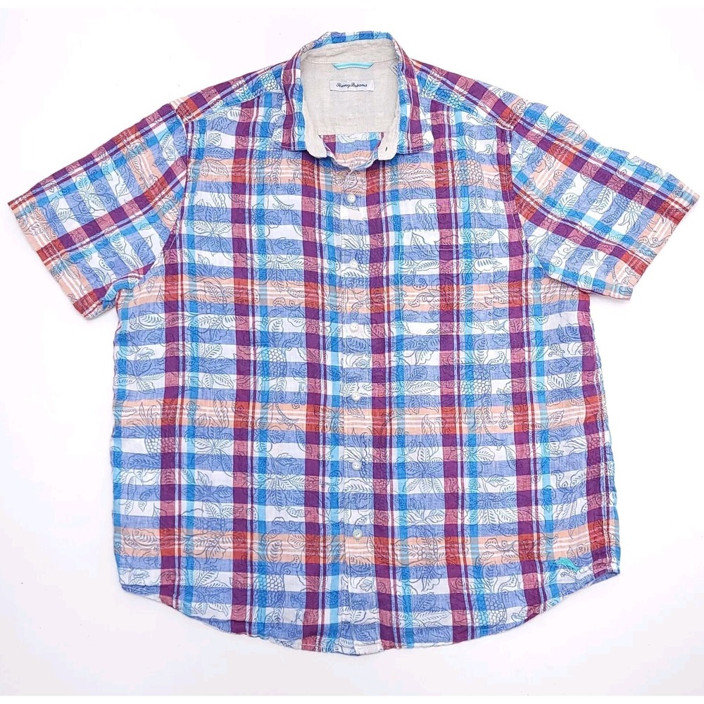 Tommy Bahama Linnen Shirt Mens XL‎ Red White Blue Pocket Button Down Embroidered